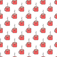 Vector seamless pattern with cartoon cup on white background. Hand-drawn doodle illustration.