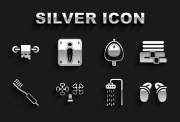 Set Water tap, Towel stack, Flip flops, Shower, Toothbrush, Toilet urinal or pissoir, paper roll and Male toilet icon. Vector