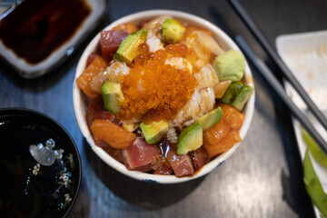Sushi don, raw seafood on rice