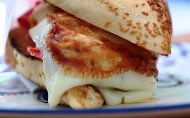 Traditional delicious sandwich, called as Kumru in Turkish, snack with rich ingredients. Special sesame bread sandwich.