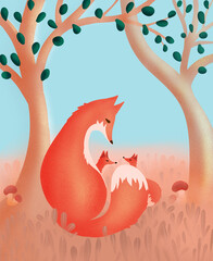 Fox and fox cubs in the forest in orange and gray grass against the blue sky. Hand drawn foxes in a simple flat style. Childrens illustrations for nursery design, room decoration or nursery art.