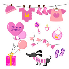 This is a girl - a set with balloons, a dress and toys, a dog. Vector illustration isolated on white background. For use in postcards, invitations, children parties, prints, covers and flyers, shops.