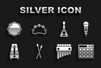 Set Drum sticks, Microphone, machine, Pan flute, Metronome with pendulum, Balalaika, Dial knob level and Tambourine icon. Vector