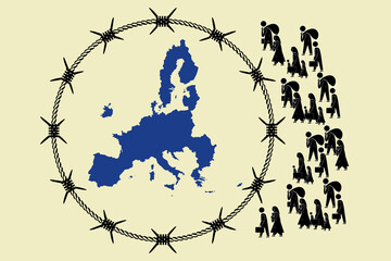 Despair refugees are run away from war to migrating to Europe. Human right and immigration concept - obrazy, fototapety, plakaty