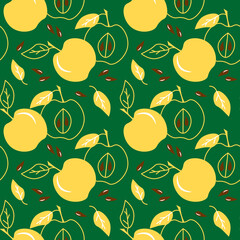 Obraz premium Pattern with yellow apples. Fruit illustration on a green background. Vector drawing. For use in prints, textiles, covers and packaging, flyers, menus, shops.