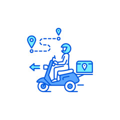 Courier delivery color line icon. Man rides motorcycle.