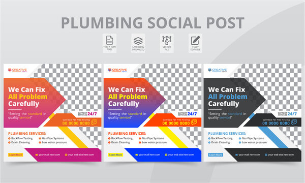 Elegant Plumber Social Media Post Attractive Templates. Professional plumbing services square banner layouts template with geometric shapes for social media posts and web internet ads.