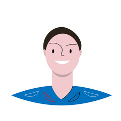 A smiling boy in a blue T-shirt with smiles