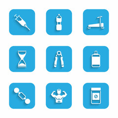 Set Sport expander, Bodybuilder muscle, Anabolic drugs, Punching bag, Dumbbell, Old hourglass, Treadmill machine and Doping syringe icon. Vector