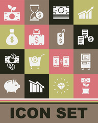 Set Money plant in the pot, ATM, Paper or financial check, Stacks paper money cash, Briefcase and, bag, and Price tag with dollar icon. Vector