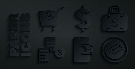 Set Mobile banking, Briefcase and money, Paper or financial check, Gold bars, Dollar symbol and Shopping cart dollar icon. Vector