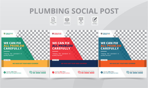 Elegant Plumber Social Media Post Attractive Templates. Professional plumbing services square banner layouts template with geometric shapes for social media posts and web internet ads.