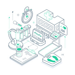 Healthcare - green and black isometric line illustration