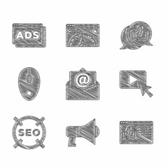 Set Mail and e-mail, Megaphone, Browser window, Advertising, SEO optimization, Computer mouse, Customer product rating and icon. Vector