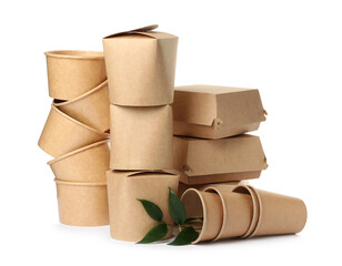 Different eco friendly products on white background