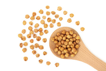 Vegan roasted spicy chickpeas in a wooden spoon. Healthy organic food high in fibre, vitamins,...