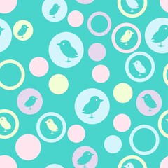 Cute Chicks In Polka Dots Repeat Vector Pattern In Pastel Multicolor On Green