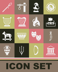 Set Parthenon, Dagger, Greek trireme, Ancient bust sculpture, Harp, lyre, Medieval spear and Bottle of olive oil icon. Vector