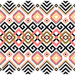 Ethnic pattern on white background, vector seamless pattern with yellow, pink, and black. Traditional geometric pattern design. Textile abstract pattern