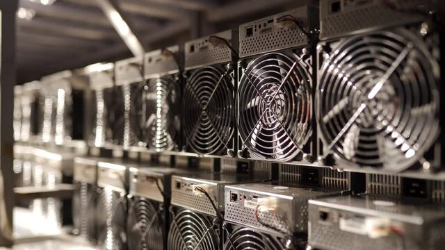 Bitcoin ASIC miners in warehouse. ASIC mining equipment on stand racks for mining cryptocurrency in steel container. Fan grills and ventilators for cooling electronics. Air coolers.