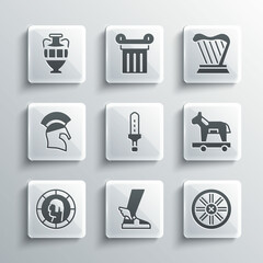 Set Hermes sandal, Old wooden wheel, Trojan horse, Medieval sword, Ancient Greek coin, helmet, amphorae and Harp icon. Vector