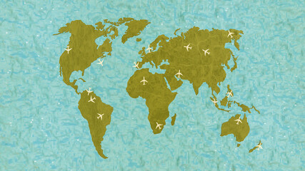 three-dimensional white models of passenger planes over the world map. 3d render illustration