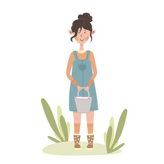 Cute cartoon flat girl milkmaid. Young woman in sundress stands in the garden with bucket of milk. Happy rural farming life. Housework in the fresh air. Slow lifestyle. Love of nature and agriculture.