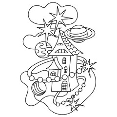 Coloring book. A magical fairy-tale house in space. Planets, stars. Vector illustration
