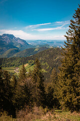 Beautiful alpine summer view with the famous Untersberg summit in the background at the famous Rossfeld panorama road near Berchtesgaden, Bavaria, Germany