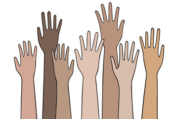Raised up hands of different nationalities. Concept: voting, unity, volunteers, consent, express opinions, support. Group of multi-colored hands raised together. Isolated on a white. Vector. Flat.