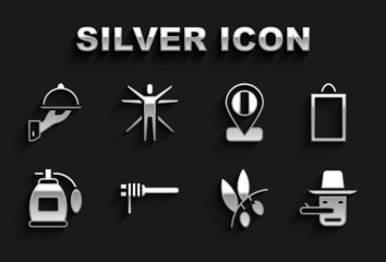 Set Pasta spaghetti, Picture, Pinocchio, Olives branch, Perfume, Location flag Italy, Covered with tray of food and Vitruvian Man icon. Vector