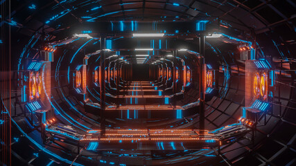 technological fantastic three-dimensional tunnel with bright illumination. 3d render illustration