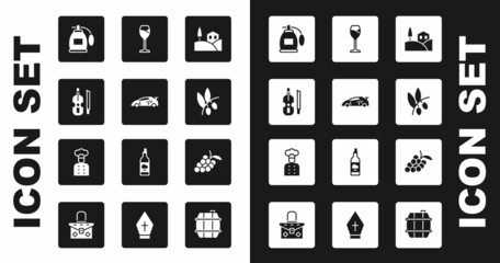 Set Village landscape, Sport racing car, Violin, Perfume, Olives branch, Wine glass, Grape fruit and Italian cook icon. Vector