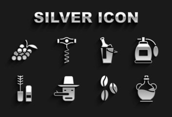 Set Pinocchio, Perfume, Bottle of olive oil, Coffee beans, Mascara brush, wine bucket, Grape fruit and Wine corkscrew icon. Vector