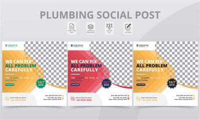 Elegant Plumber Social Media Post Attractive Templates. Professional plumbing services square banner layouts template with geometric shapes for social media posts and web internet ads.