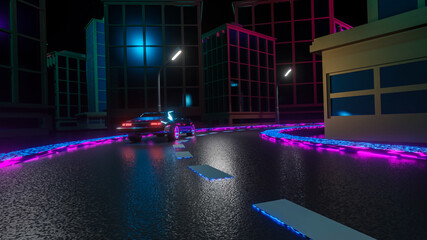 car in neon lights drives through the night city. 3d render illustration