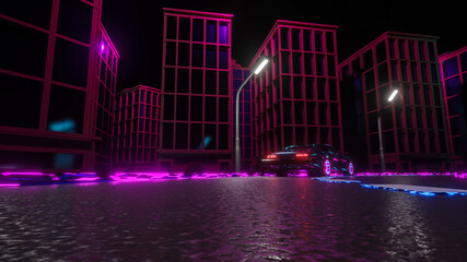 car in neon lights drives through the night city. 3d render illustration