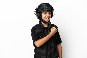 SWAT woman isolated on white background celebrating a victory