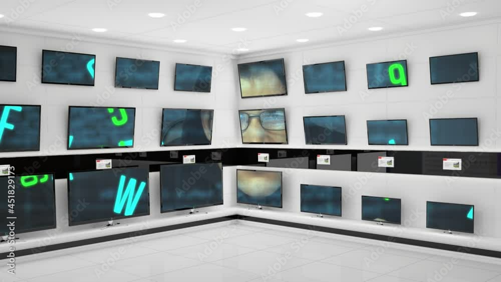 Poster animation of man using computer and data processing across multiple flat screen tvs in shop display