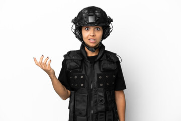 SWAT woman isolated on white background making doubts gesture