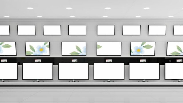 Animation Of Leaves And Flowers Falling Displayed Across Multiple Flat Screen Tvs In Shop Display