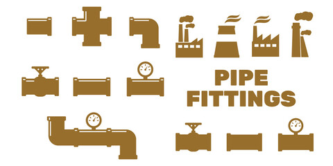 Pipe fittings vector icons set. Tube industry, construction pipeline, drain system