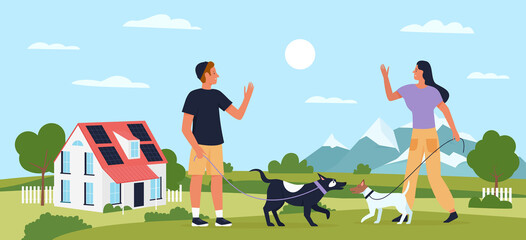 Dog pet owners couple people walk and play with dogs in summer nature park landscape vector illustration. Cartoon woman man characters playing with doggy outdoors, walking puppy animal background