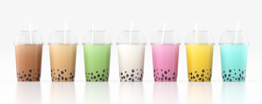 Various Bubbletea Of Different Flavors Prepared To Consume. 