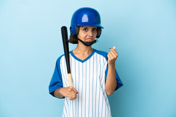 Baseball mixed race player woman with helmet and bat isolated on blue background making money gesture
