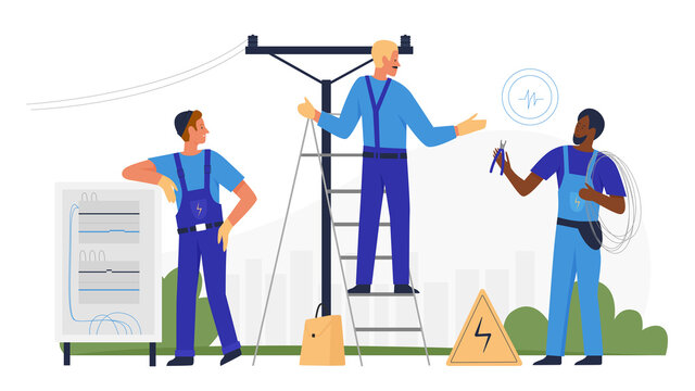 Electrician people repair electric pole, technical service vector illustration. Cartoon worker repairman character working, climbing stairs, man repairing city electrical network isolated on white