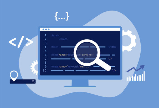 SEO Meta Data Optimization Concept. Vector illustration with hypertext code in blue color. HTTP Website Header seo Search engine optimization title tags and seo meta data description elements.