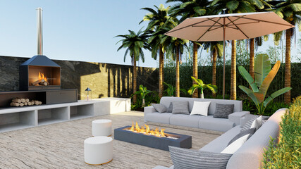 3D illustration  detail of sofa set on outdoor wooden patio