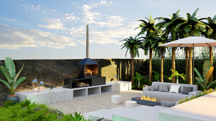 3D illustration of private wooden deck with sofa set and barbecue fire place.