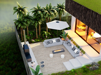 3D illustration top view of wooden terrace with sofa set and fire place.